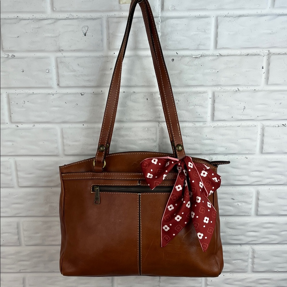Patricia Nash Brown Leather Satchel with Red Accent Scarf